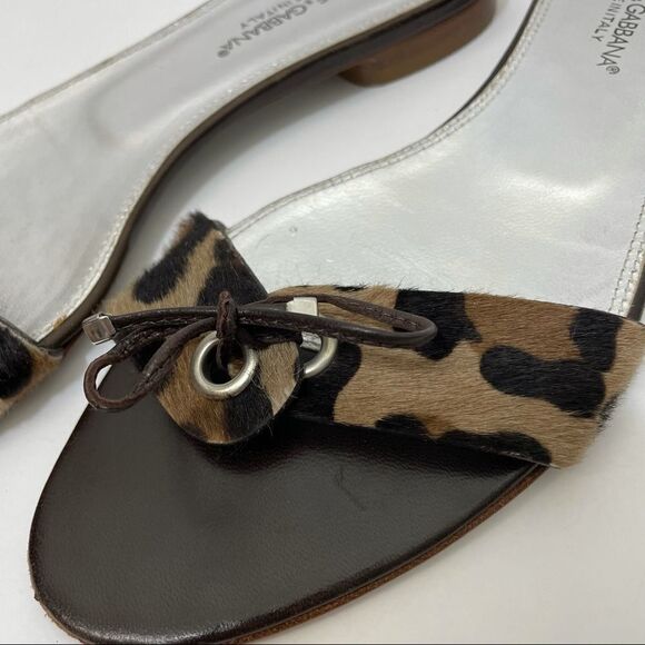 Dolce & Gabbana Leopard Print Calf Hair One Strap Slide Sandals With Tie size 10 - Picture 4 of 15